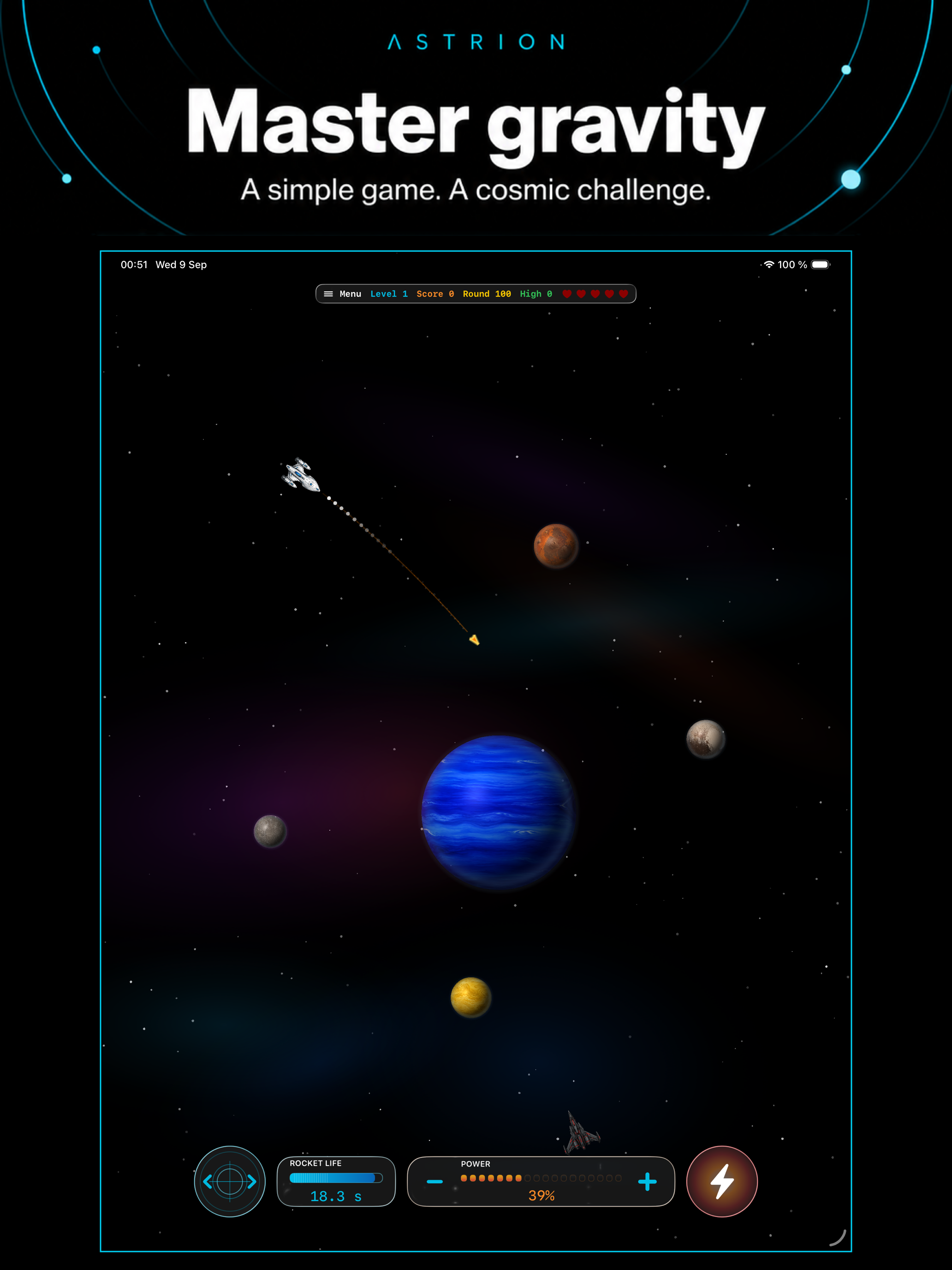 ASTRION gameplay with a bright trajectory crossing a blue planet