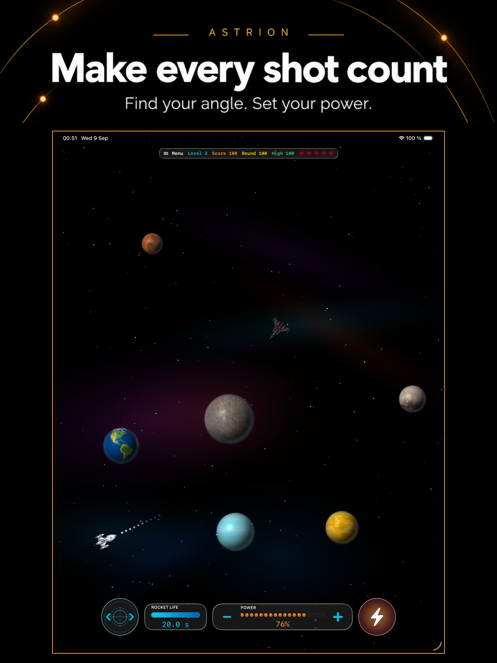 ASTRION gameplay with a blue planet, trajectory and power control