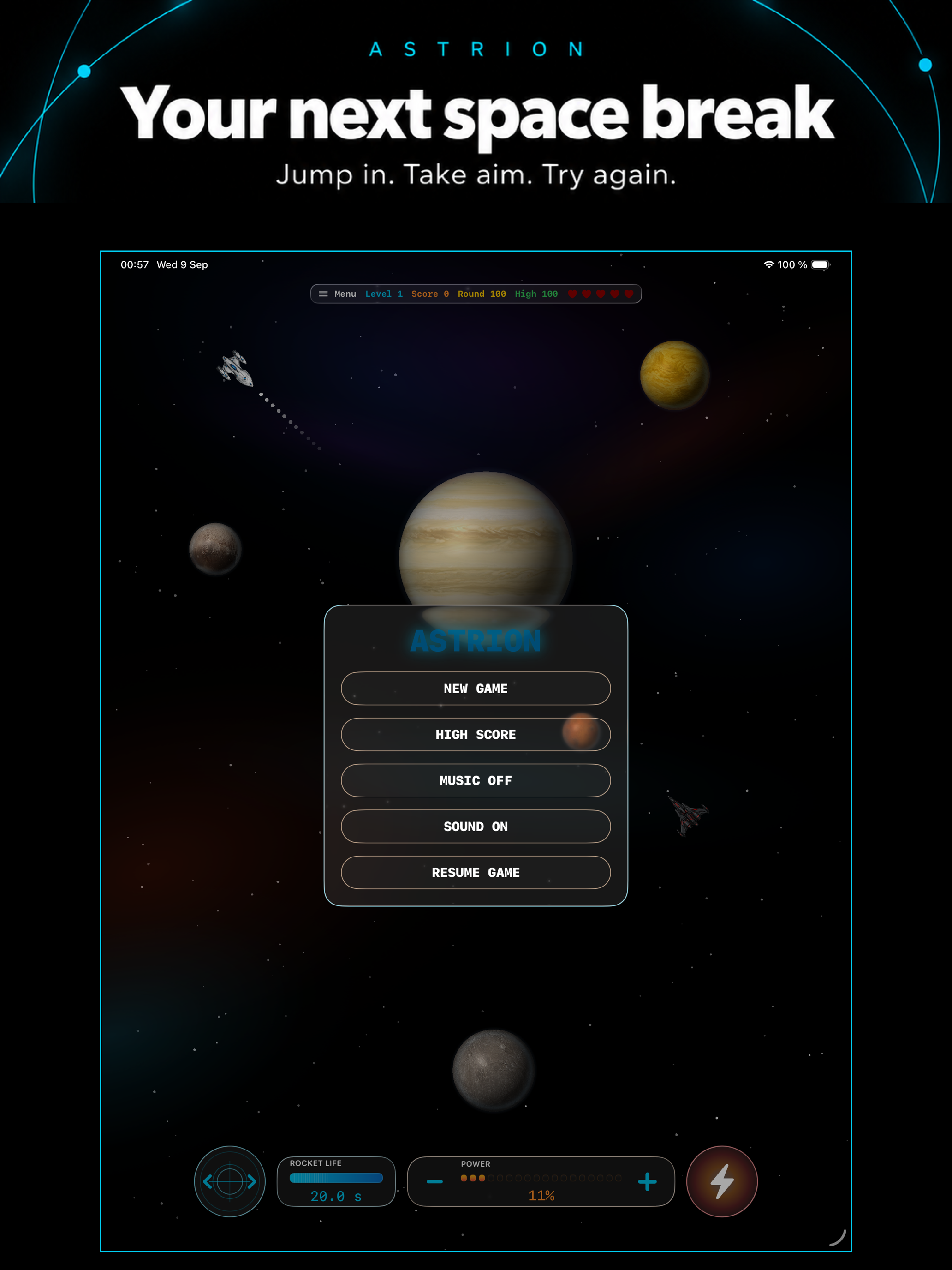 ASTRION menu over a starfield with planets and two ships